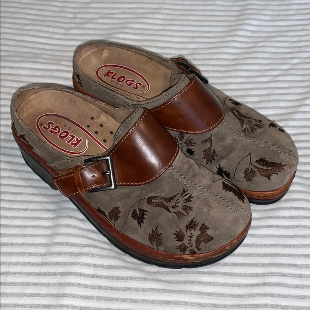 Brown Suede with Leaf Design Flogs Klogs